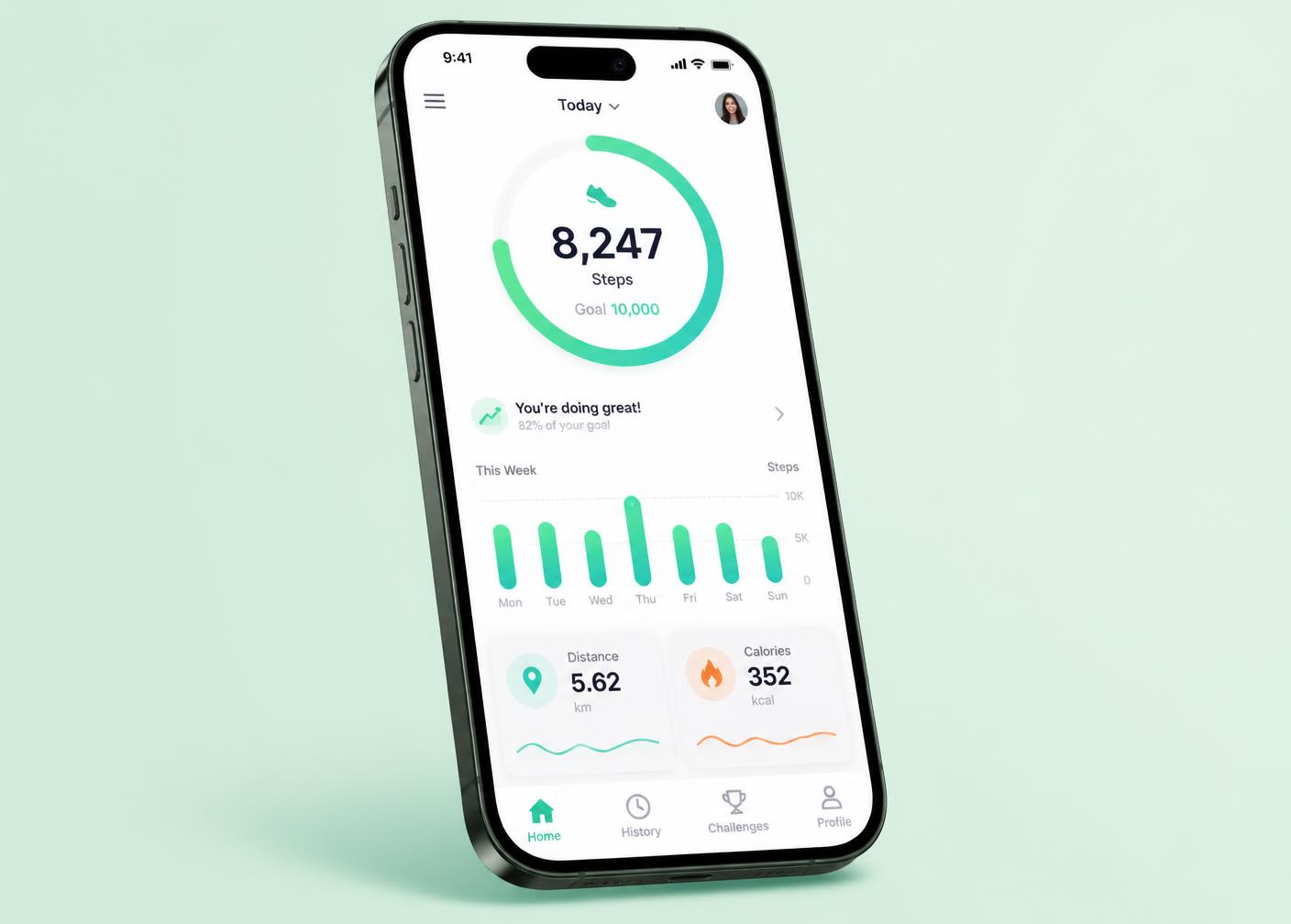 Daily Walk App dashboard showing steps, weekly chart, distance and calories